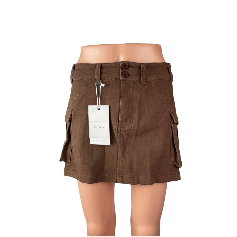 NEW Elleven Women's Brown High Waisted Cargo Utility Mini A Line Skirt Size XL
